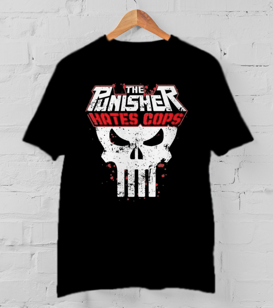 The Punisher Hates Cops Skull Symbol Red White T-Shirt