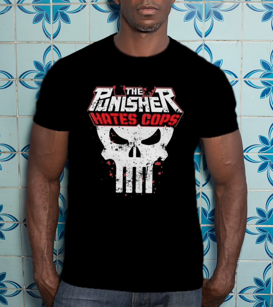 The Punisher Hates Cops Skull Symbol Red White T-Shirt