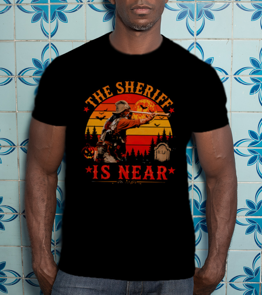 The Sheriff Is Near Halloween Cowboy Full Moon Tombstone Pumpkin Bats T-Shirt