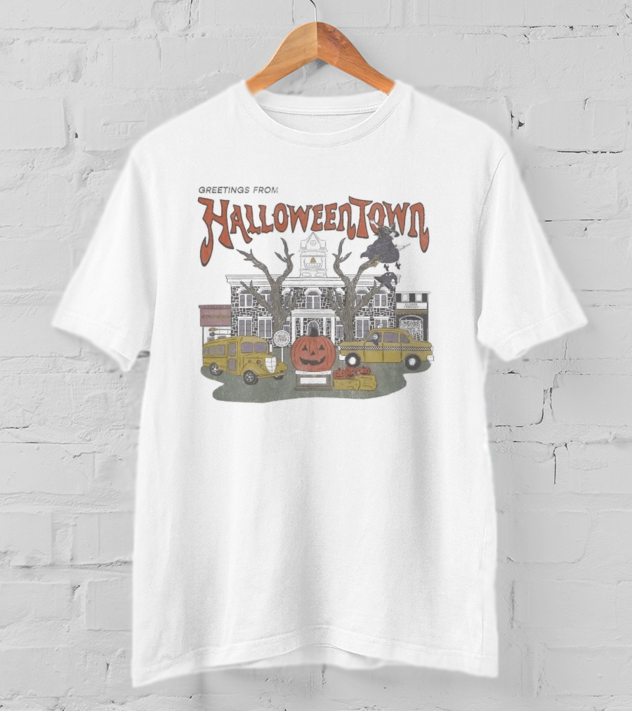 Greetings From Halloweentown Spooky Pumpkin Taxi Bus Haunted House Scene T-Shirt
