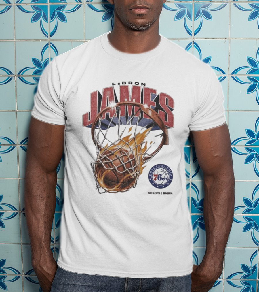 LeBron James Philadelphia 76ers Basketball Hoop Fire NBA 90s T-Shirt