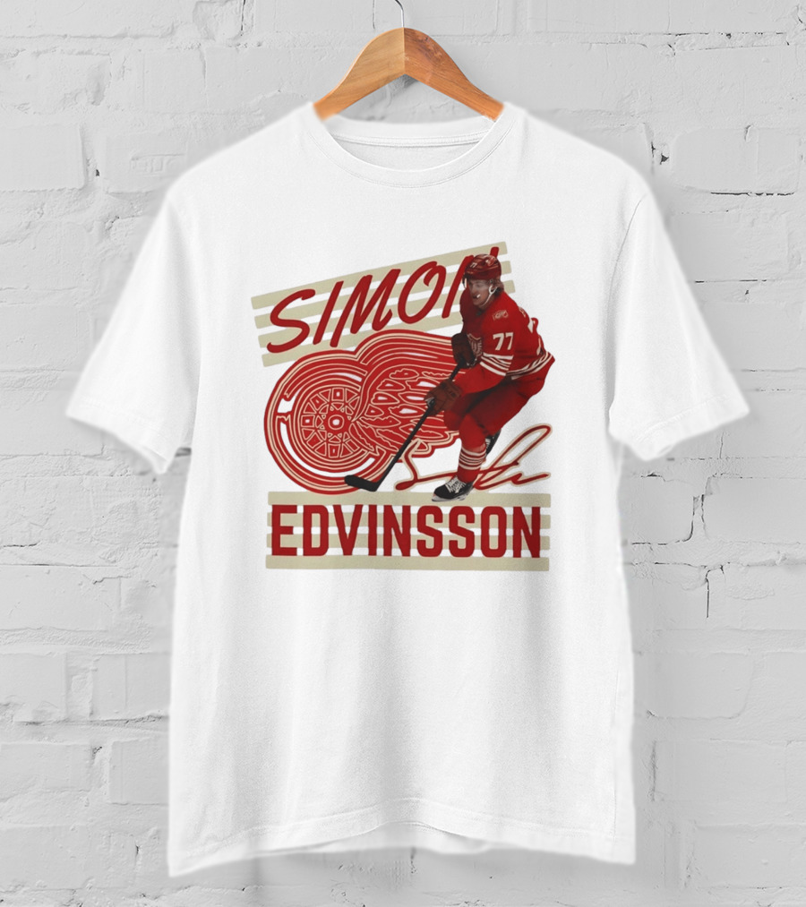Simon Edvinsson 77 Detroit Red Wings Signature Hockey T-Shirt