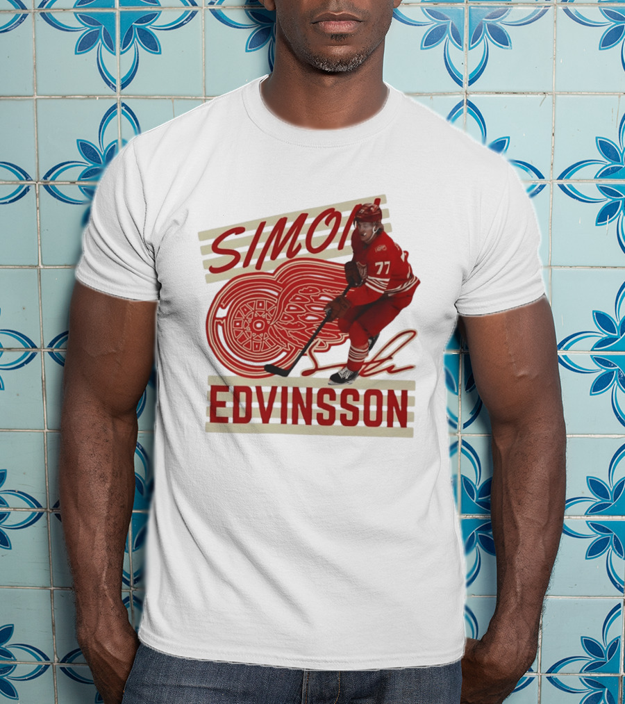 Simon Edvinsson 77 Detroit Red Wings Signature Hockey T-Shirt