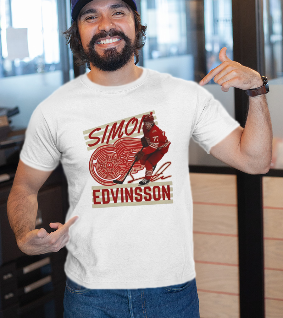 Simon Edvinsson 77 Detroit Red Wings Signature Hockey T-Shirt