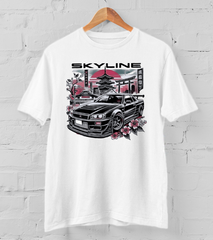 Skyline Japanese Cherry Blossom Car Pagoda Sun Blossoms T-Shirt