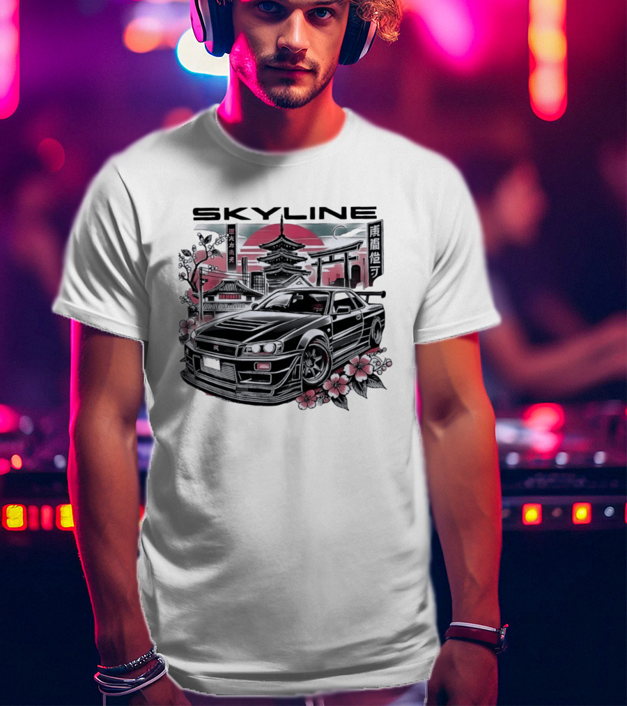 Skyline Japanese Cherry Blossom Car Pagoda Sun Blossoms T-Shirt