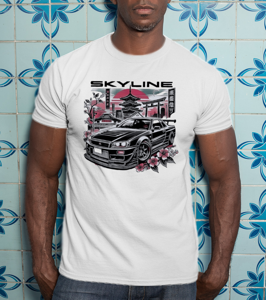 Skyline Japanese Cherry Blossom Car Pagoda Sun Blossoms T-Shirt