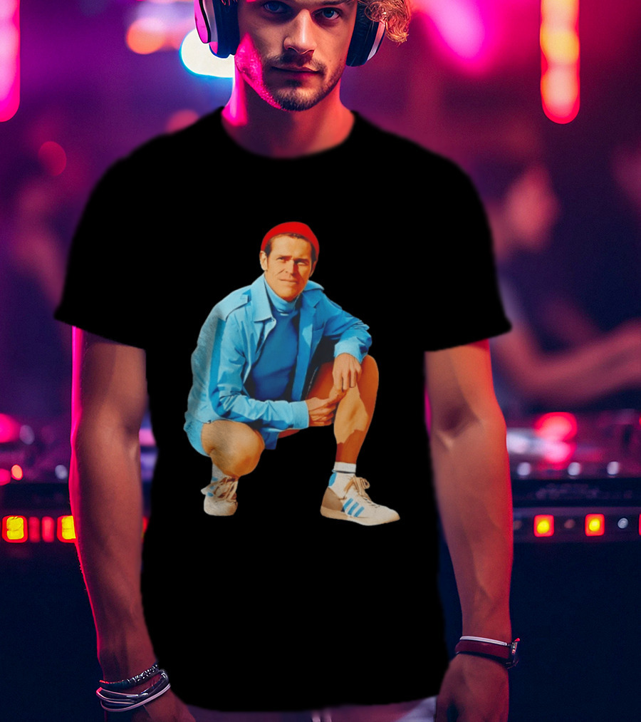 Willem Dafoe Meme Red Beanie Blue Tracksuit Squatting Pose T-Shirt