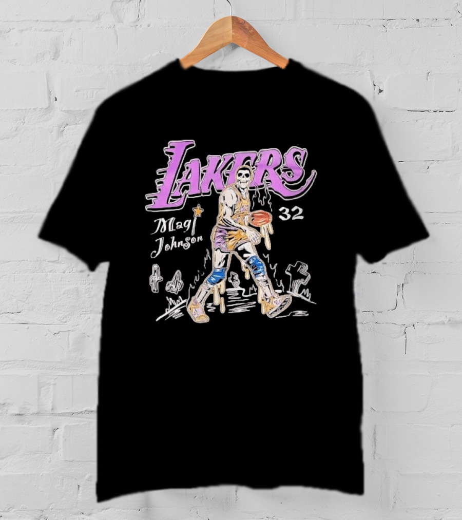 Lakers Magic Johnson 32 Skull Basketball Dribbling T-Shirt