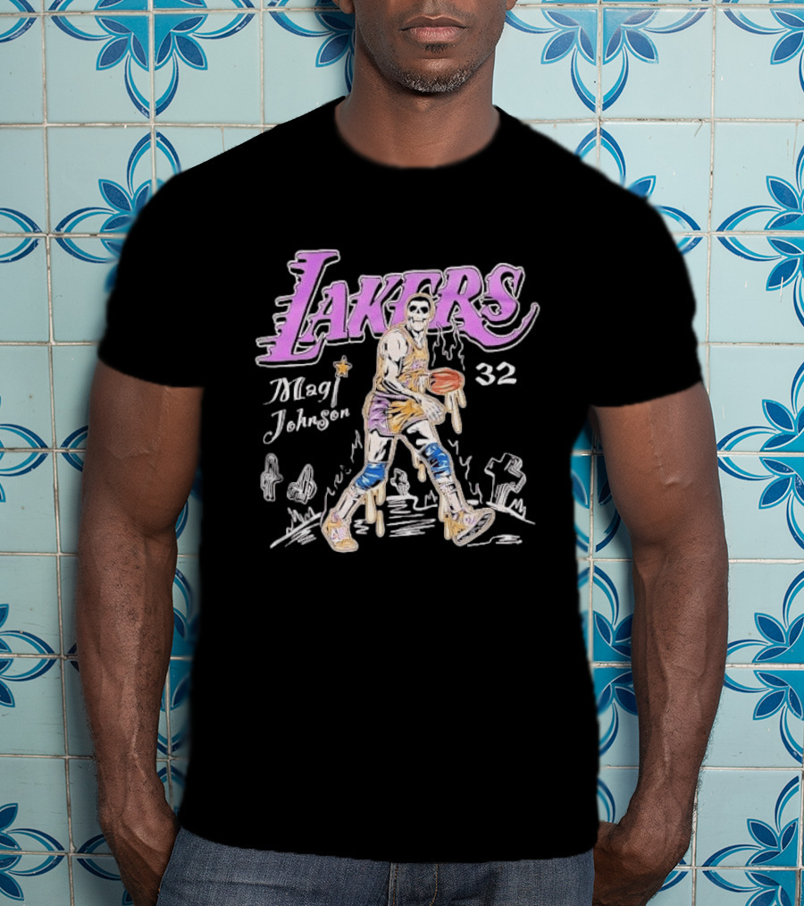 Lakers Magic Johnson 32 Skull Basketball Dribbling T-Shirt