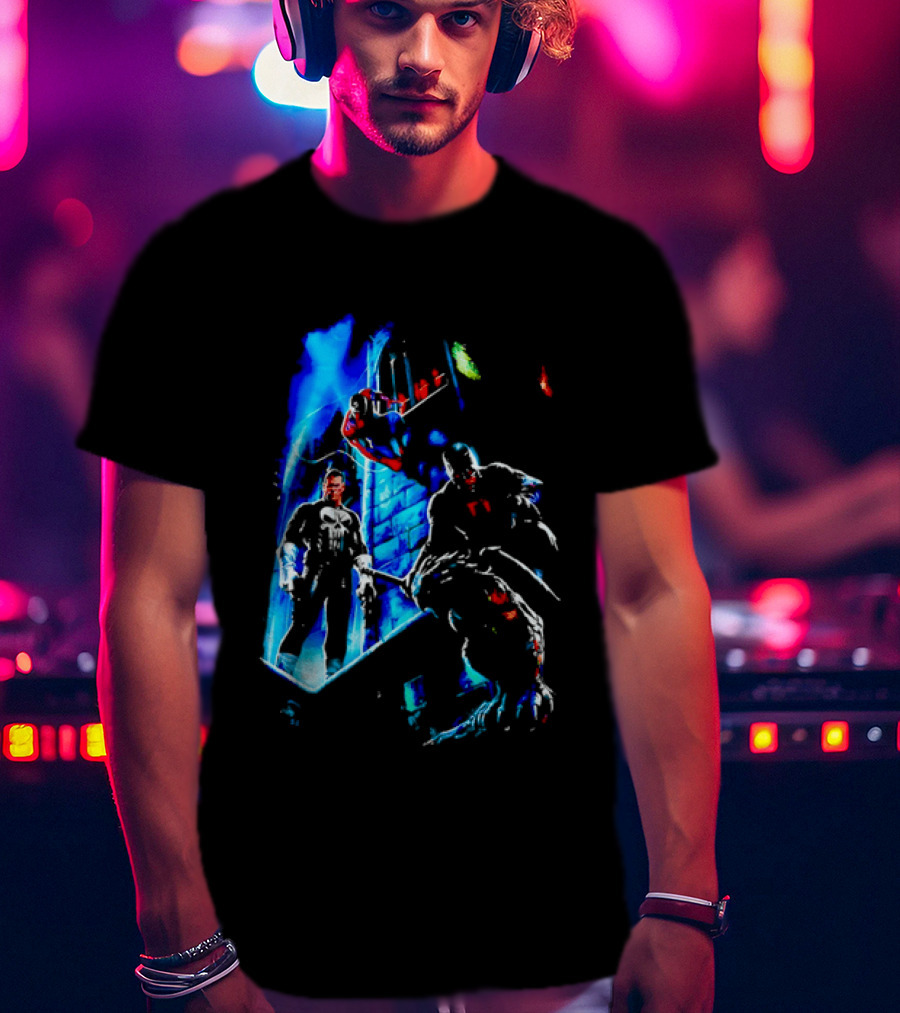 Marvel Comics Vigilante Action The Punisher Spider Man Daredevil Urban Battle Scene T-Shirt