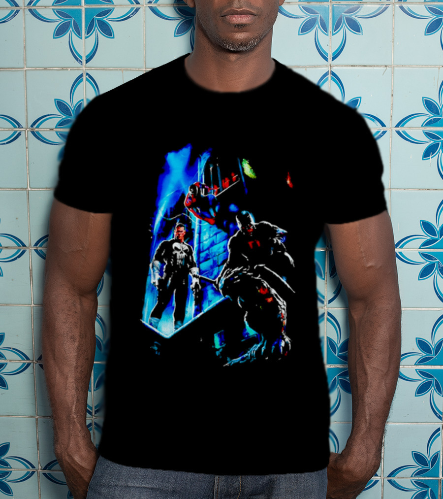 Marvel Comics Vigilante Action The Punisher Spider Man Daredevil Urban Battle Scene T-Shirt