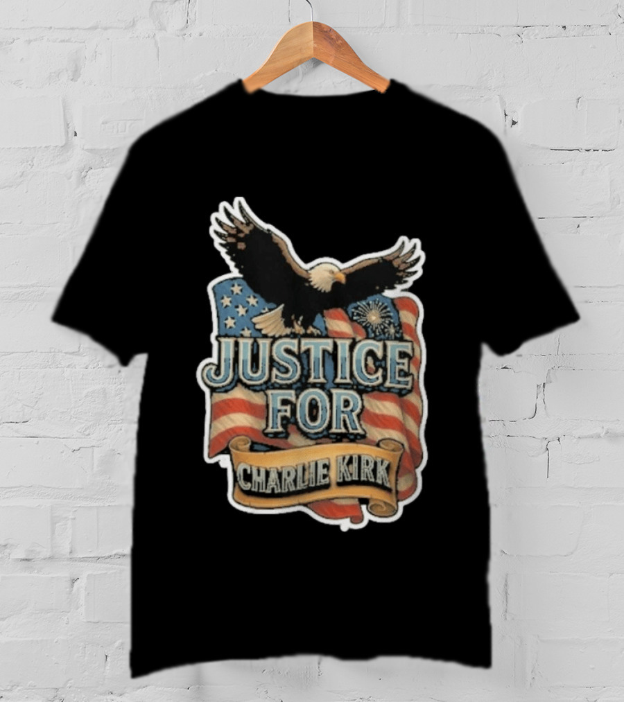 Justice For Charlie Kirk Bald Eagle American Flag Banner T-Shirt