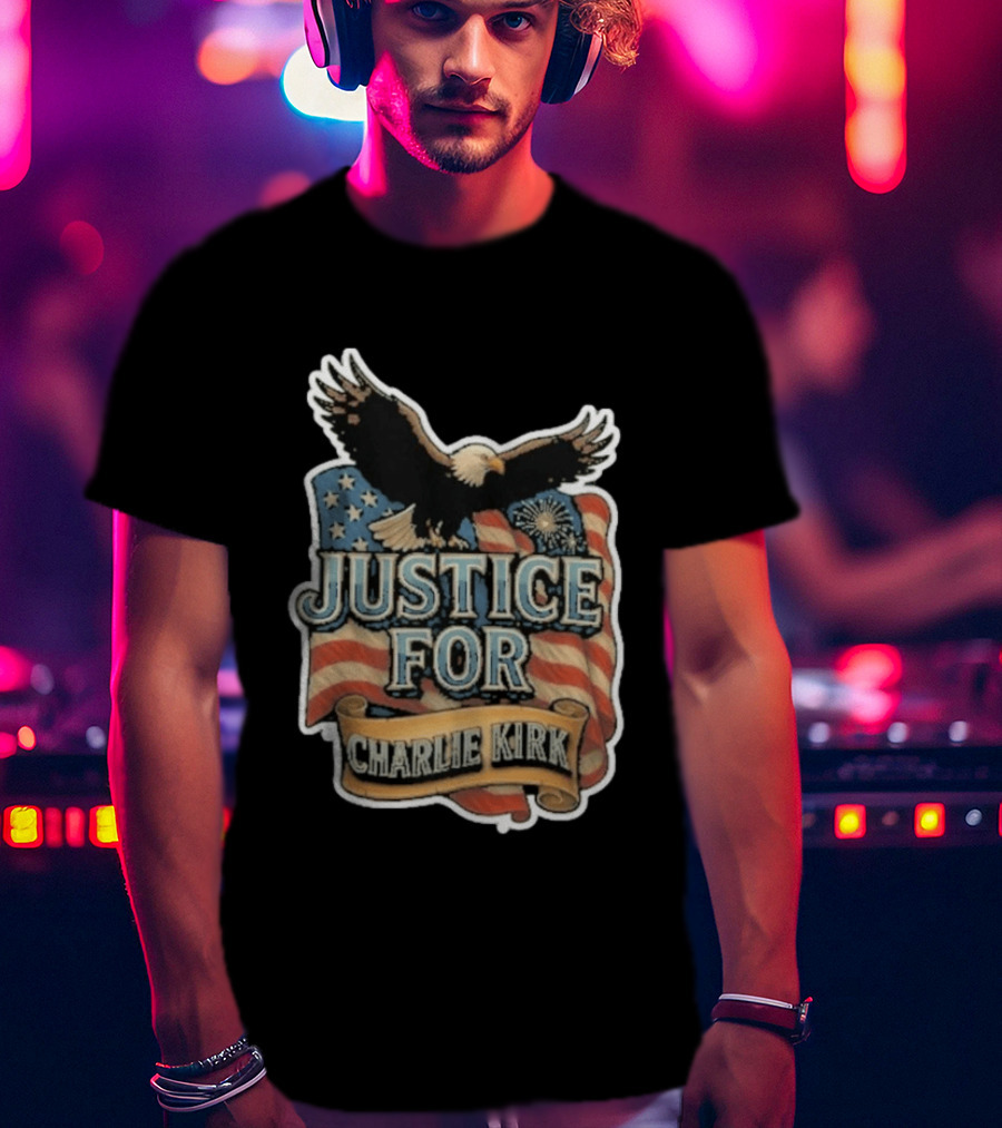 Justice For Charlie Kirk Bald Eagle American Flag Banner T-Shirt