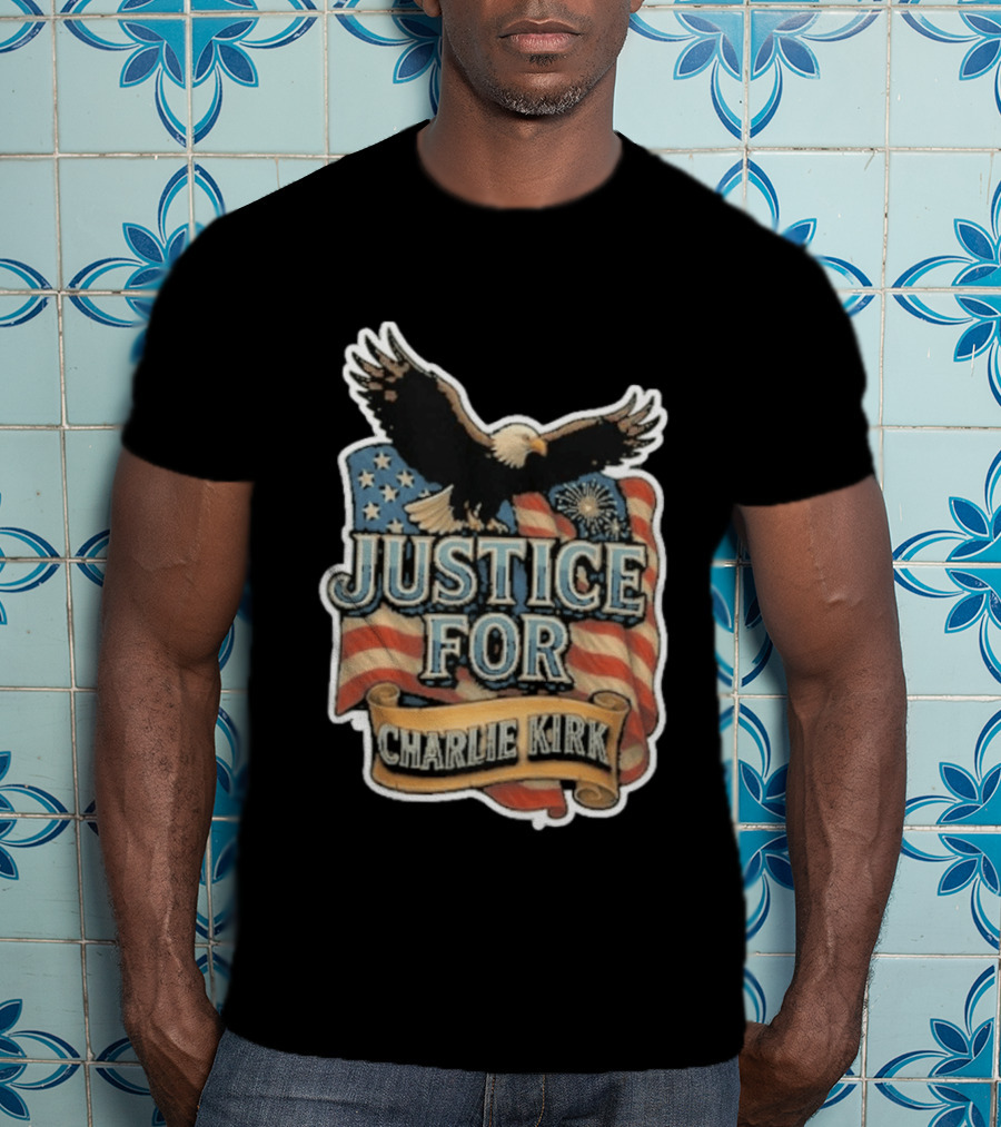 Justice For Charlie Kirk Bald Eagle American Flag Banner T-Shirt