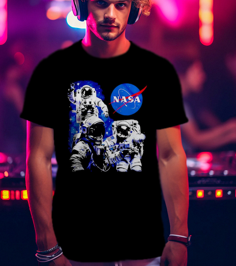 NASA Space Exploration Three Astronauts Floating In Deep Space T-Shirt