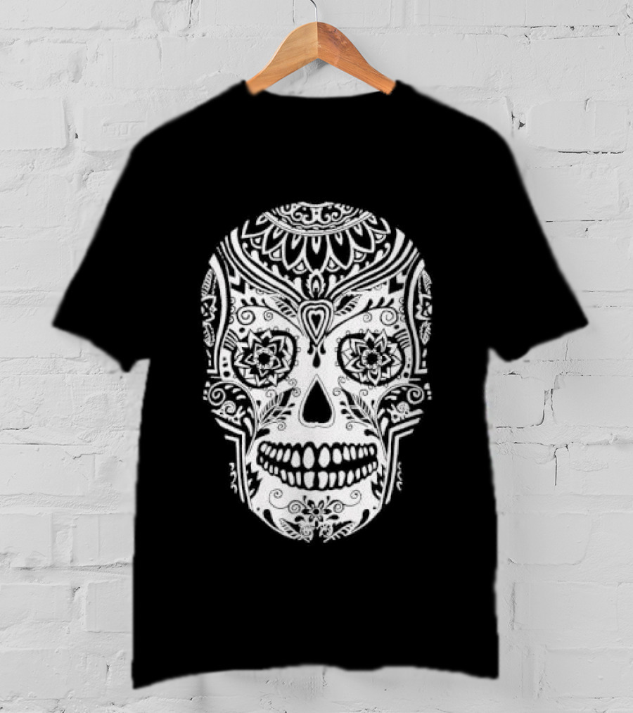 Sugar Skull Artistic Decorative Detailed Black White Intricate Motif T-Shirt
