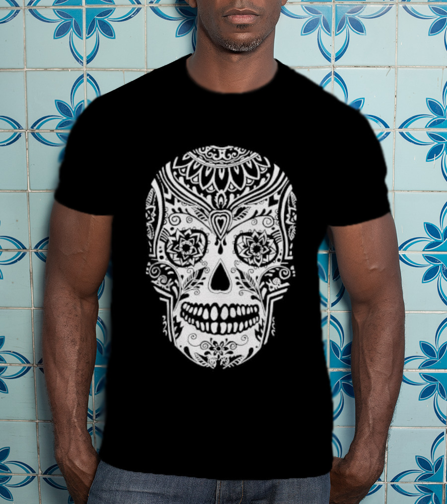 Sugar Skull Artistic Decorative Detailed Black White Intricate Motif T-Shirt