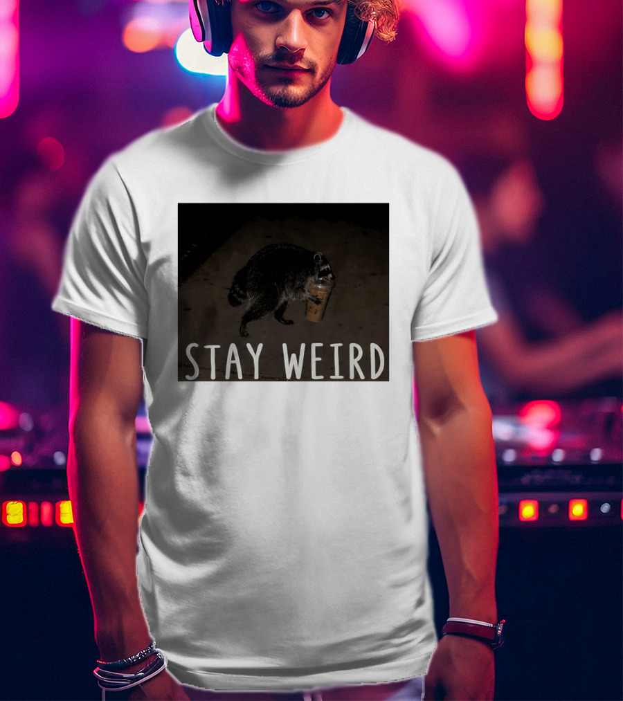 Jimothy Raccoon Drinking Iced Coffee Stay Weird Animal Lover Meme T-Shirt