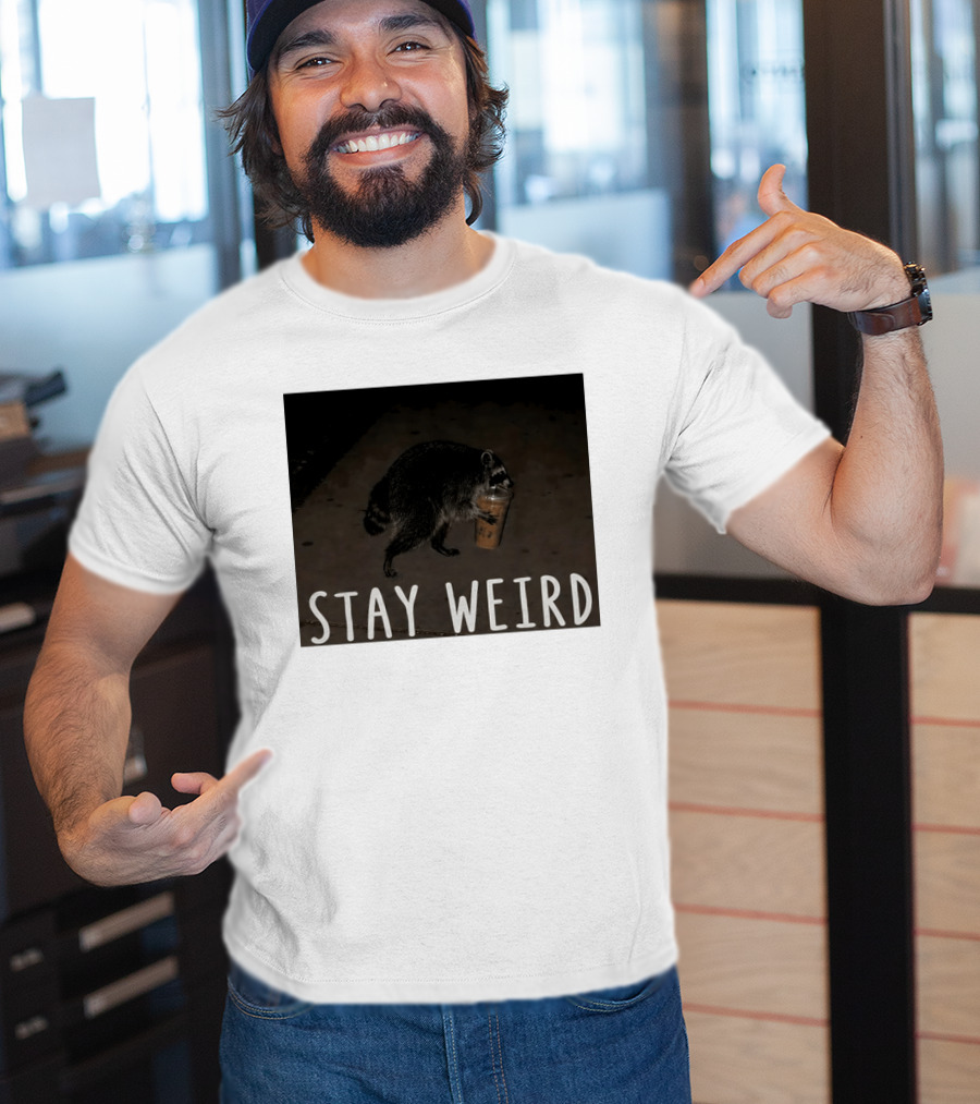 Jimothy Raccoon Drinking Iced Coffee Stay Weird Animal Lover Meme T-Shirt