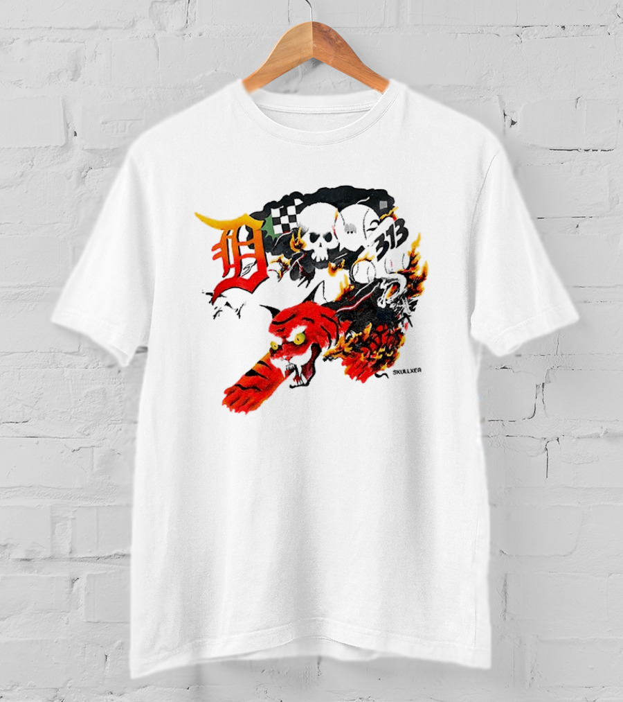 Skullxer 313 Detroit Tigers MLB 2026 With Flaming Devil And Skulls T-Shirt