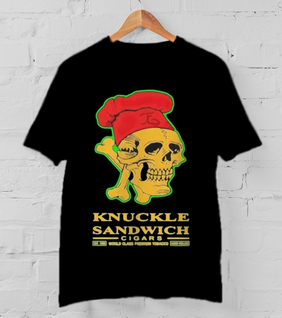 Knuckle Sandwich Cigars World Class Tobacco Skull With Red Chef Hat And Crossbones T-Shirt