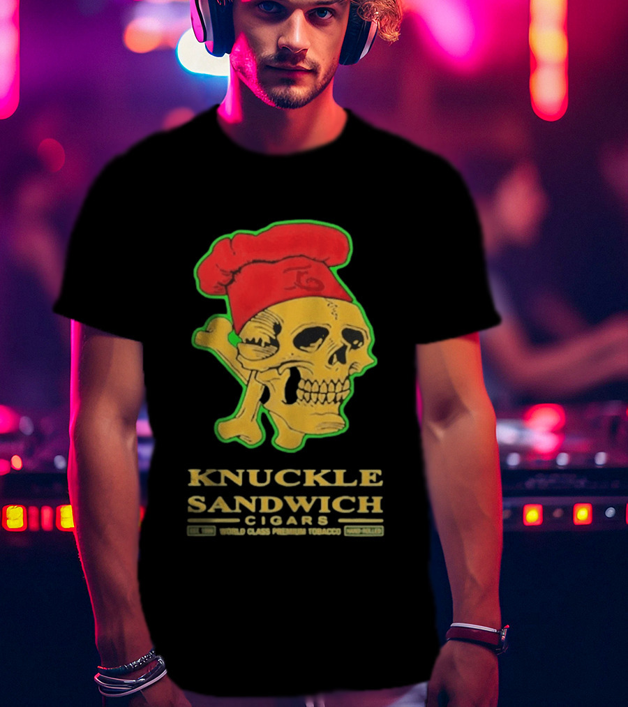 Knuckle Sandwich Cigars World Class Tobacco Skull With Red Chef Hat And Crossbones T-Shirt