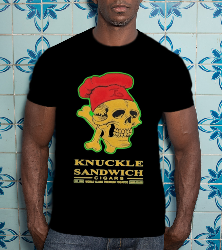 Knuckle Sandwich Cigars World Class Tobacco Skull With Red Chef Hat And Crossbones T-Shirt