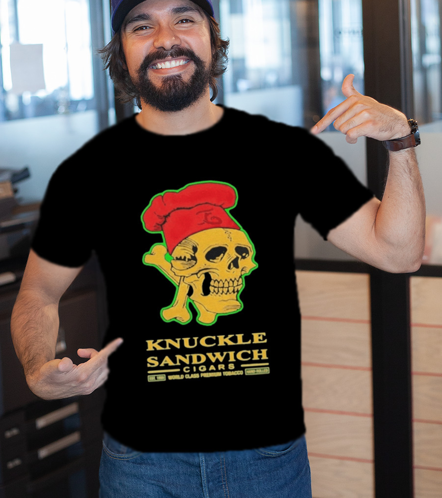 Knuckle Sandwich Cigars World Class Tobacco Skull With Red Chef Hat And Crossbones T-Shirt