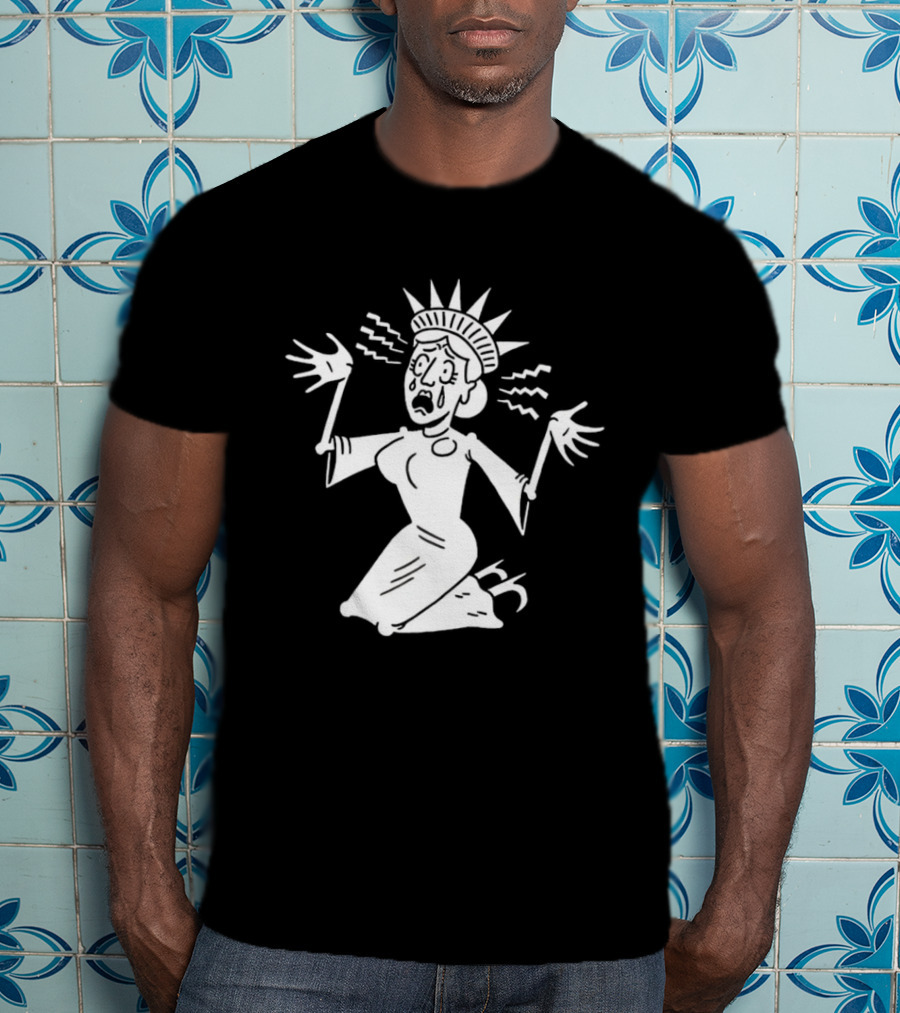 Lady Liberty Patriotic Panic Cartoon Sketch Yankee Doodle Distress T-Shirt