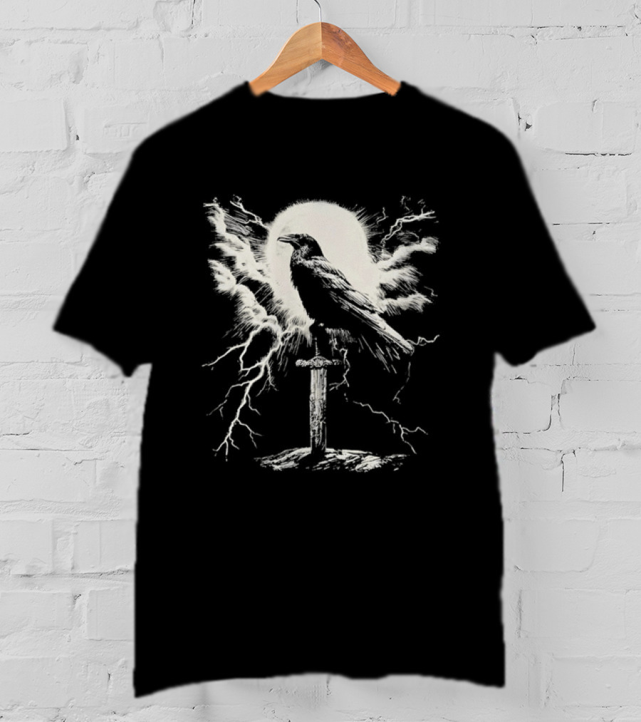 Raven On Sword With Lightning And Moon T-Shirt