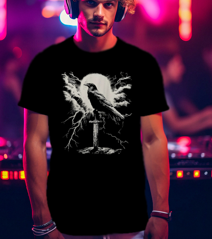 Raven On Sword With Lightning And Moon T-Shirt