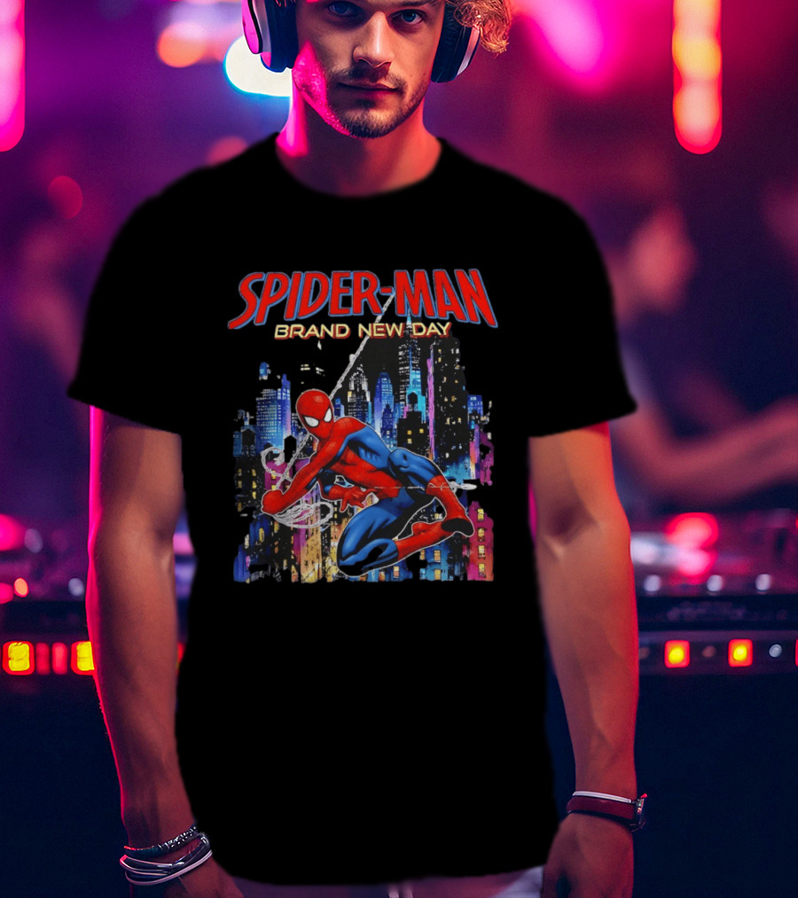 Spider Man Brand New Day Web Superhero Swinging City Night Marvel Studios T-Shirt