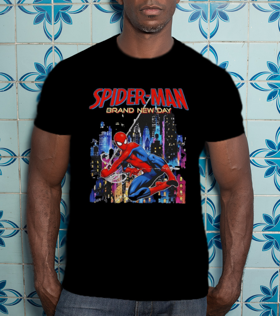Spider Man Brand New Day Web Superhero Swinging City Night Marvel Studios T-Shirt