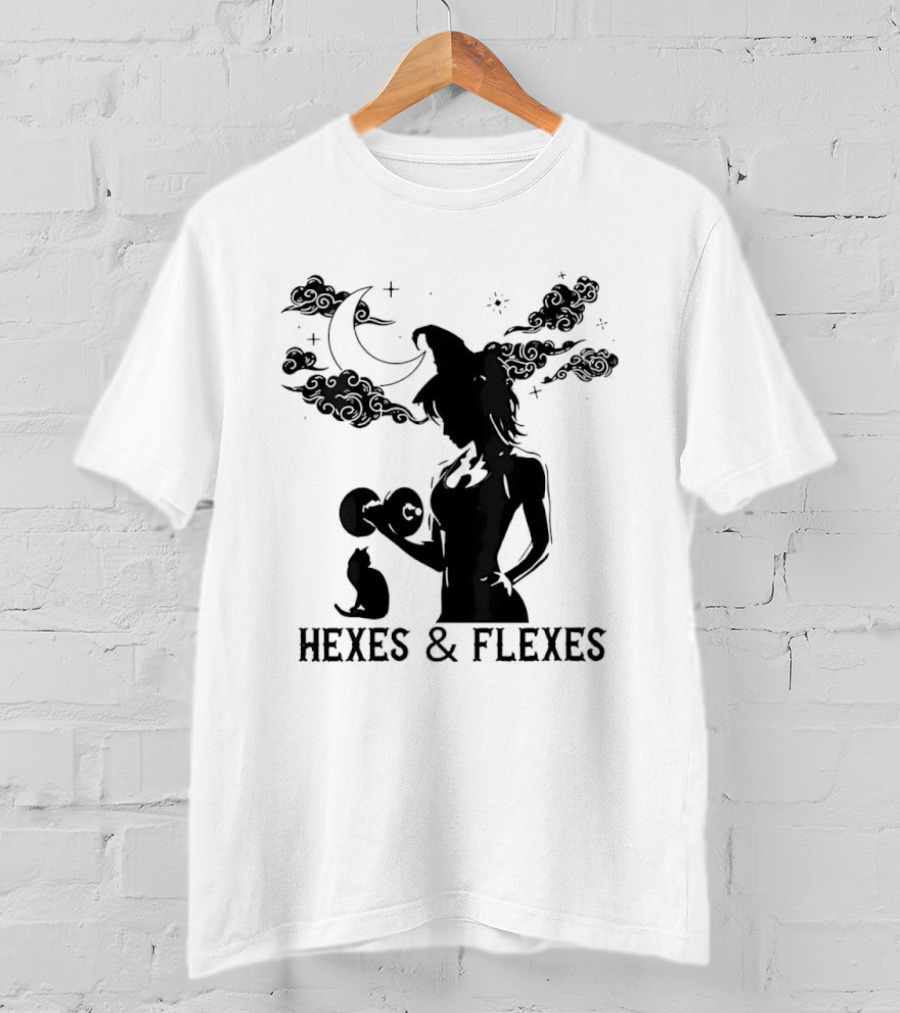 Spooky Fitness Witch Lifting Dumbbell With Cat Hexes & Flexes Moon Clouds T-Shirt