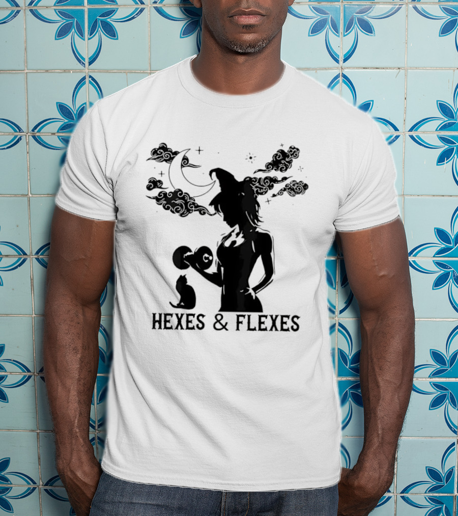 Spooky Fitness Witch Lifting Dumbbell With Cat Hexes & Flexes Moon Clouds T-Shirt