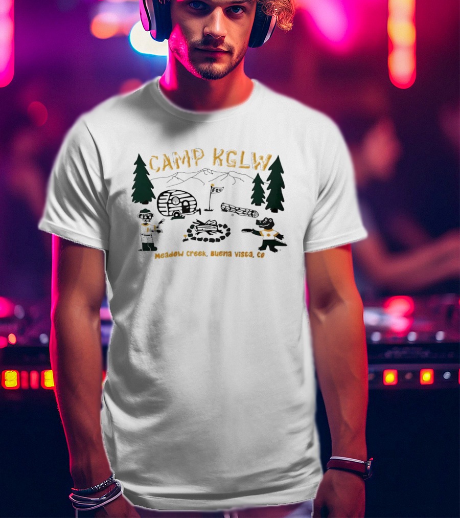 Camp KGLW Meadow Creek Buena Vista CO Skeleton Gator Camping Disc Golf T-Shirt