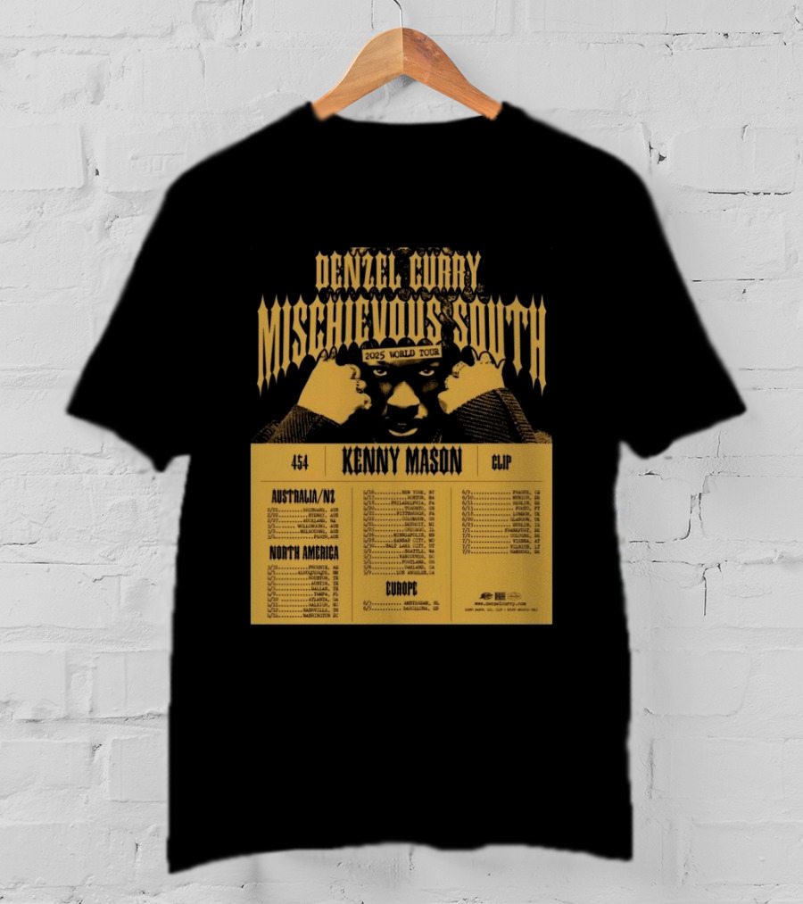 Denzel Curry Mischievous South 2025 World Tour Kenny Mason Clip 454 Australia North America Europe Dates T-Shirt