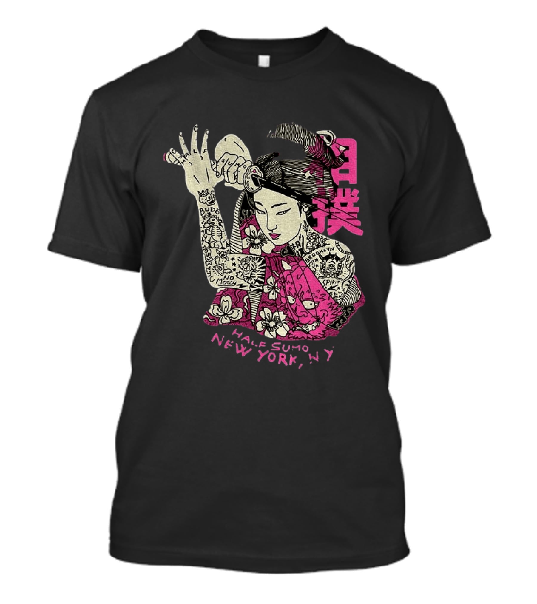 Tattooed Geisha With Katana And Flowers Japanese Samurai Half Sumo New York NY T-Shirt