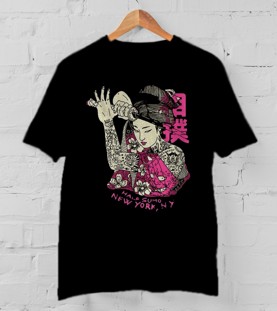 Tattooed Geisha With Katana And Flowers Japanese Samurai Half Sumo New York NY T-Shirt