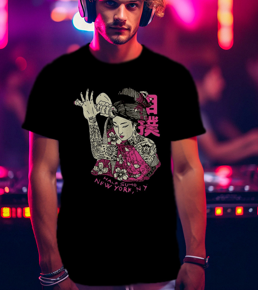 Tattooed Geisha With Katana And Flowers Japanese Samurai Half Sumo New York NY T-Shirt