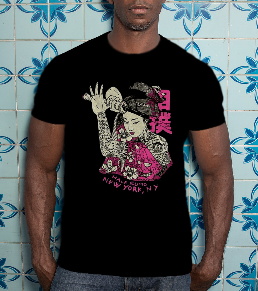 Tattooed Geisha With Katana And Flowers Japanese Samurai Half Sumo New York NY T-Shirt