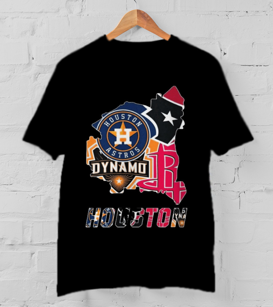 Houston Astros Texans Dynamo Rockets Map Logo Collage T-Shirt