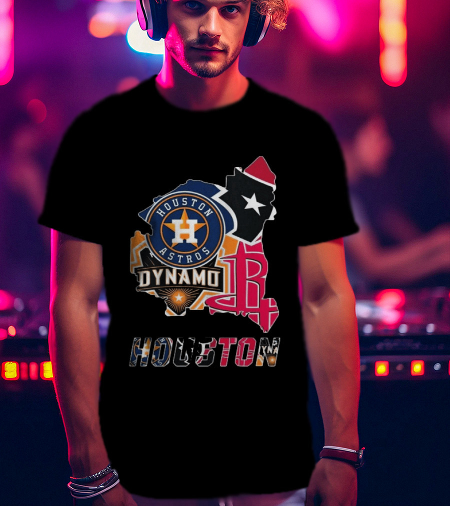 Houston Astros Texans Dynamo Rockets Map Logo Collage T-Shirt