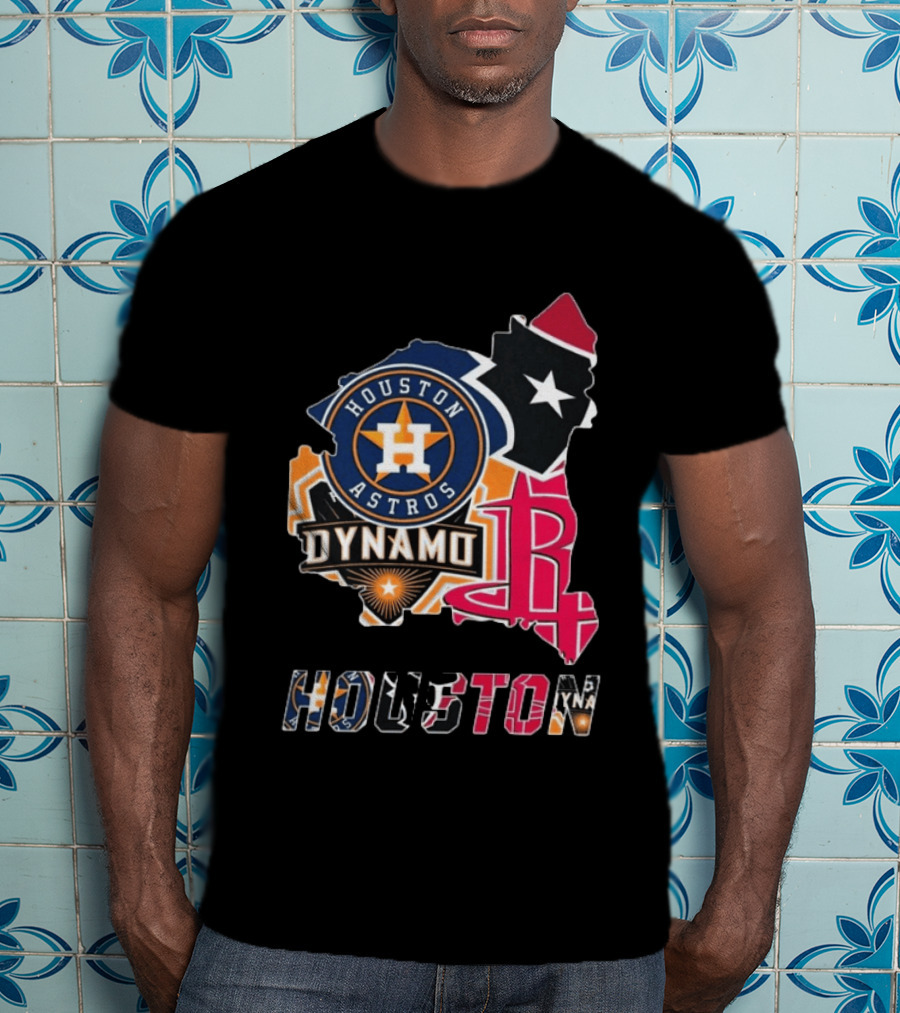 Houston Astros Texans Dynamo Rockets Map Logo Collage T-Shirt