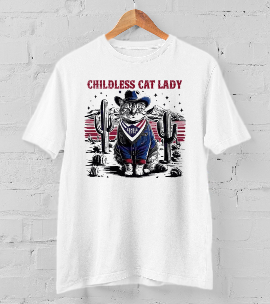 Kamala 2024 Childless Cat Lady Cowboy Desert Cactus Scene T-Shirt