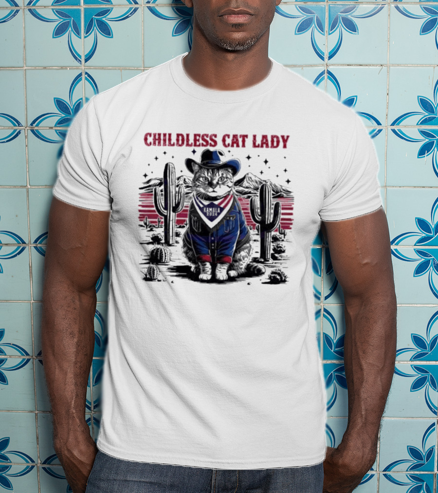Kamala 2024 Childless Cat Lady Cowboy Desert Cactus Scene T-Shirt