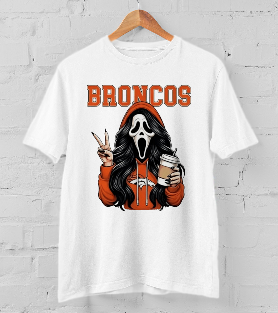 Broncos Ghostface Scream Halloween Coffee Peace Sign T-Shirt