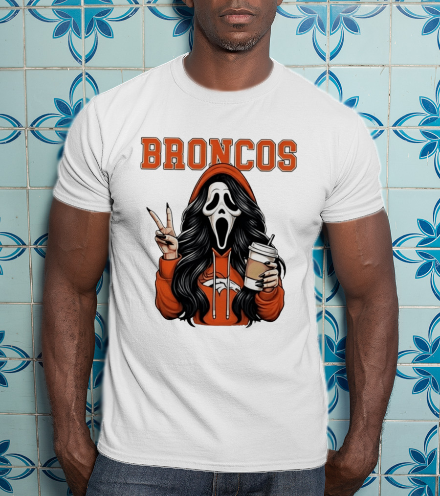 Broncos Ghostface Scream Halloween Coffee Peace Sign T-Shirt