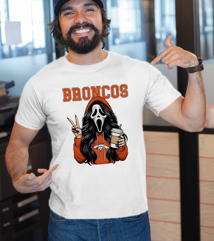 Broncos Ghostface Scream Halloween Coffee Peace Sign T-Shirt